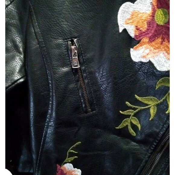 VINTAGE Women's Leather Motorcycle Jacket Med Black Floral Embroidered Zip-Up - Picture 8 of 10